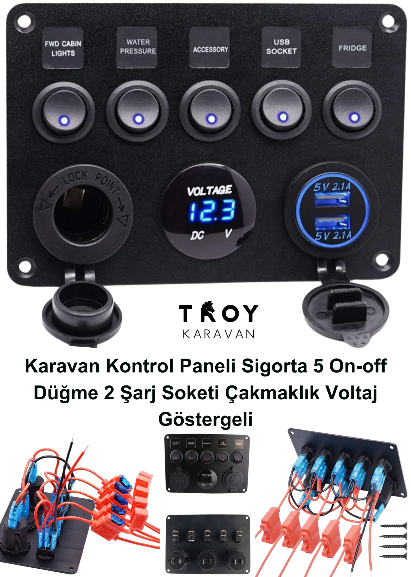 Karavan%20Kontrol%20Paneli%20Sigorta%205%20On-off%20Düğme%202%20Şarj%20Soketi%20Çakmaklık%20Voltaj%20Göstergeli