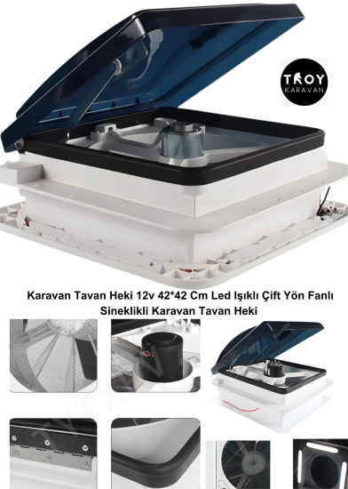  Karavan Tavan Heki 12v 42*42 Cm Led Işıklı Çift Yön Fanlı Sineklikli Karavan Tavan Heki